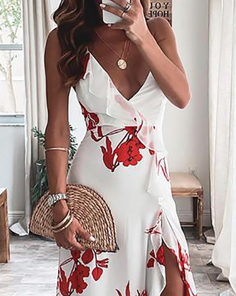 Floral Print Ruffle High Slit Maxi Vestido