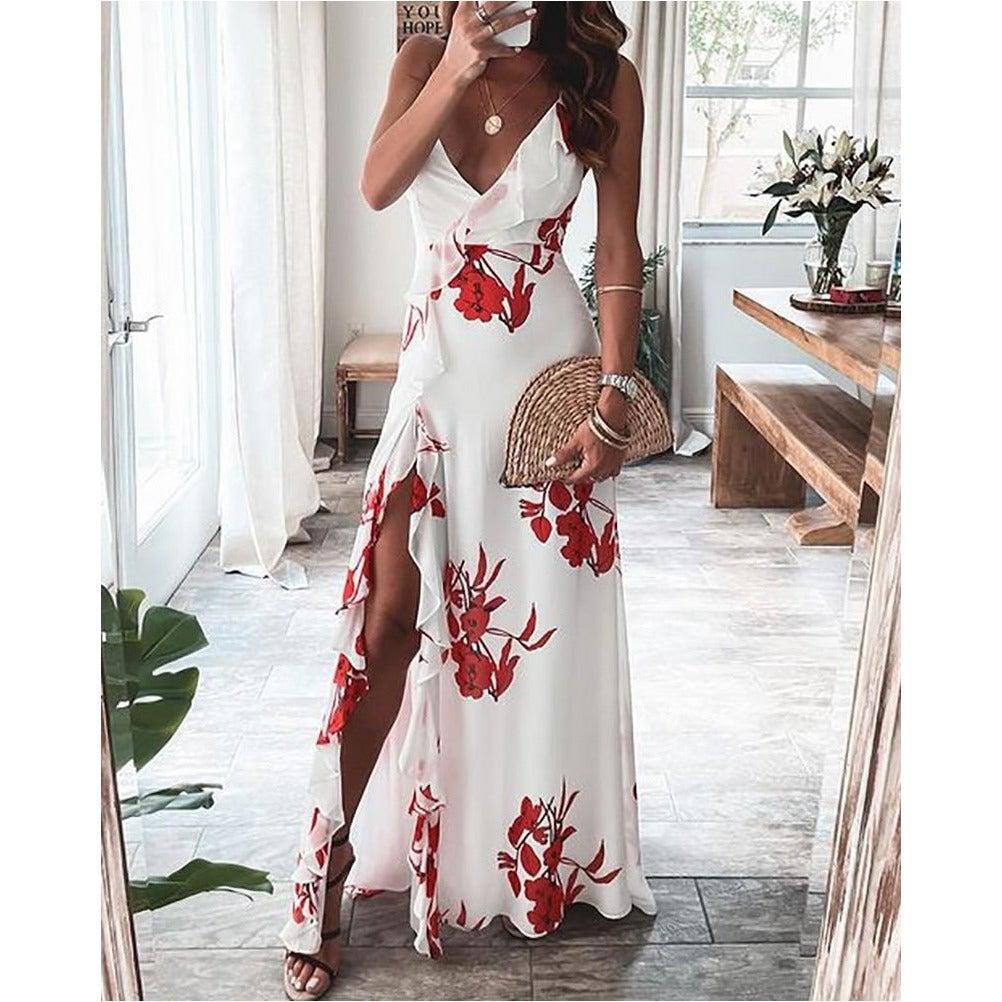 Estampado floral Ruffle High Slit Maxi Vestido