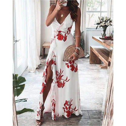 Floral Print Ruffle hög Slit Maxi Klänning