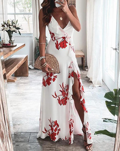 Blomster Print Ruffle Høje Slit Maxi Kjole