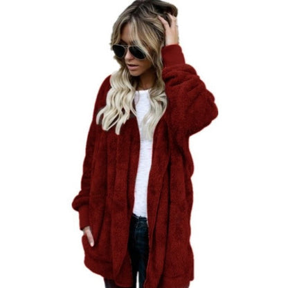 🔥Venda quente de Natal 50% de desconto🔥Feminino inverno Plush Hoodie Cardigans com bolsos