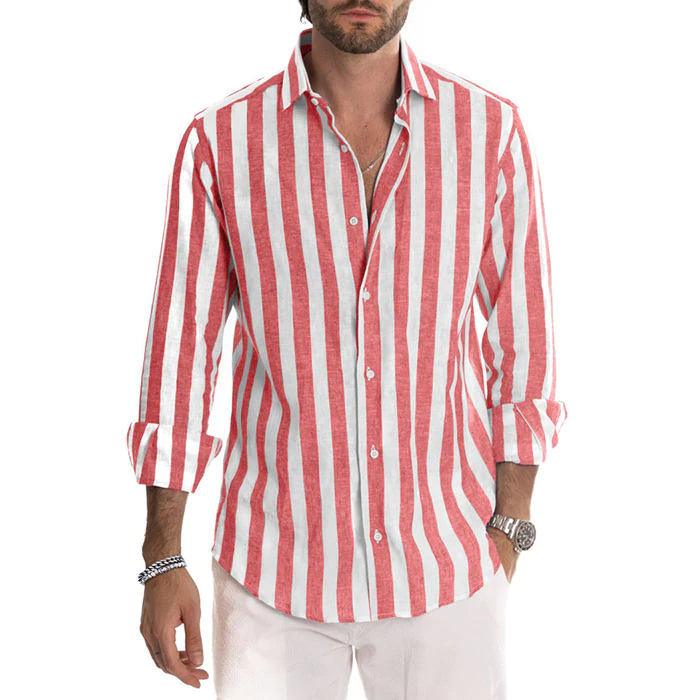 Men's Cotton Linen Striped Button Down Long Sleeve-4