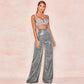 Summer Solid High Waist Flare Shiny Sequin Wide Leg Pants-1