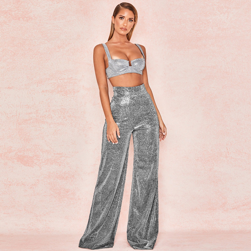 Summer Solid High Waist Flare Shiny Sequin Wide Leg Pants-1