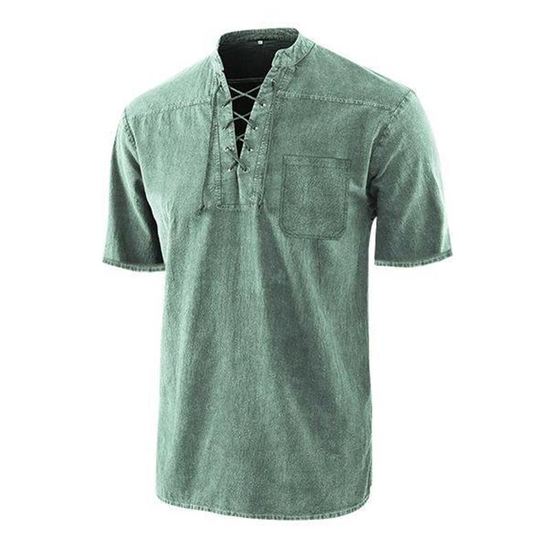 Men Gothic Retro T-Shirt Lace-up V-neck Linen Pocket Short Sleeve Tee Shirt Loose Tops-1