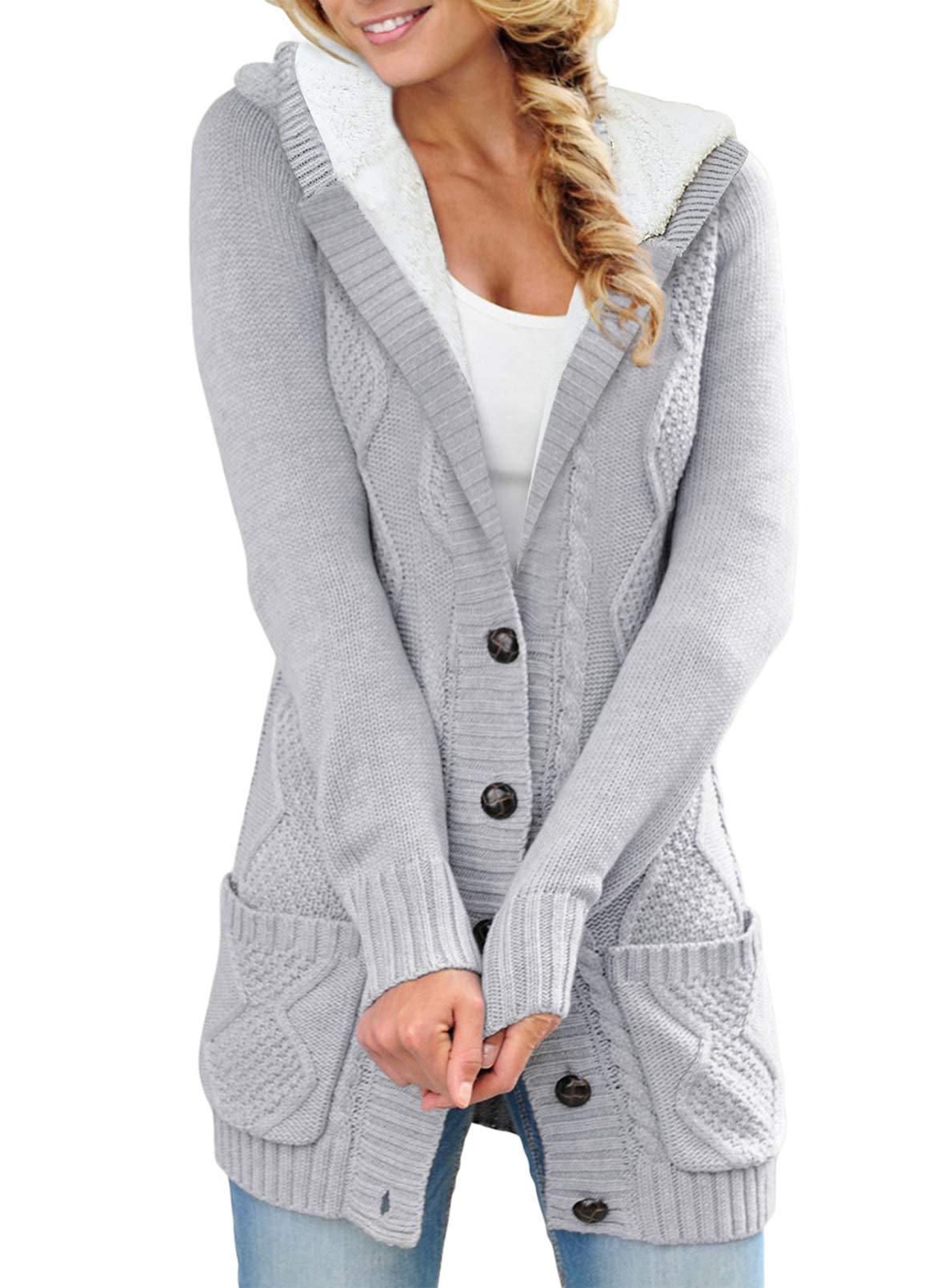 Comprar 2 envío gratisMujeres con capucha Fleece forrado suéter Cardigan botón abajo frente abrigo de invierno