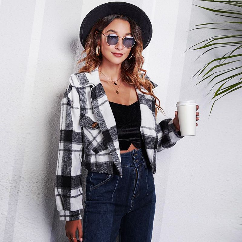 Fall Plaid Woolen Cropped Shirt Jacket-1