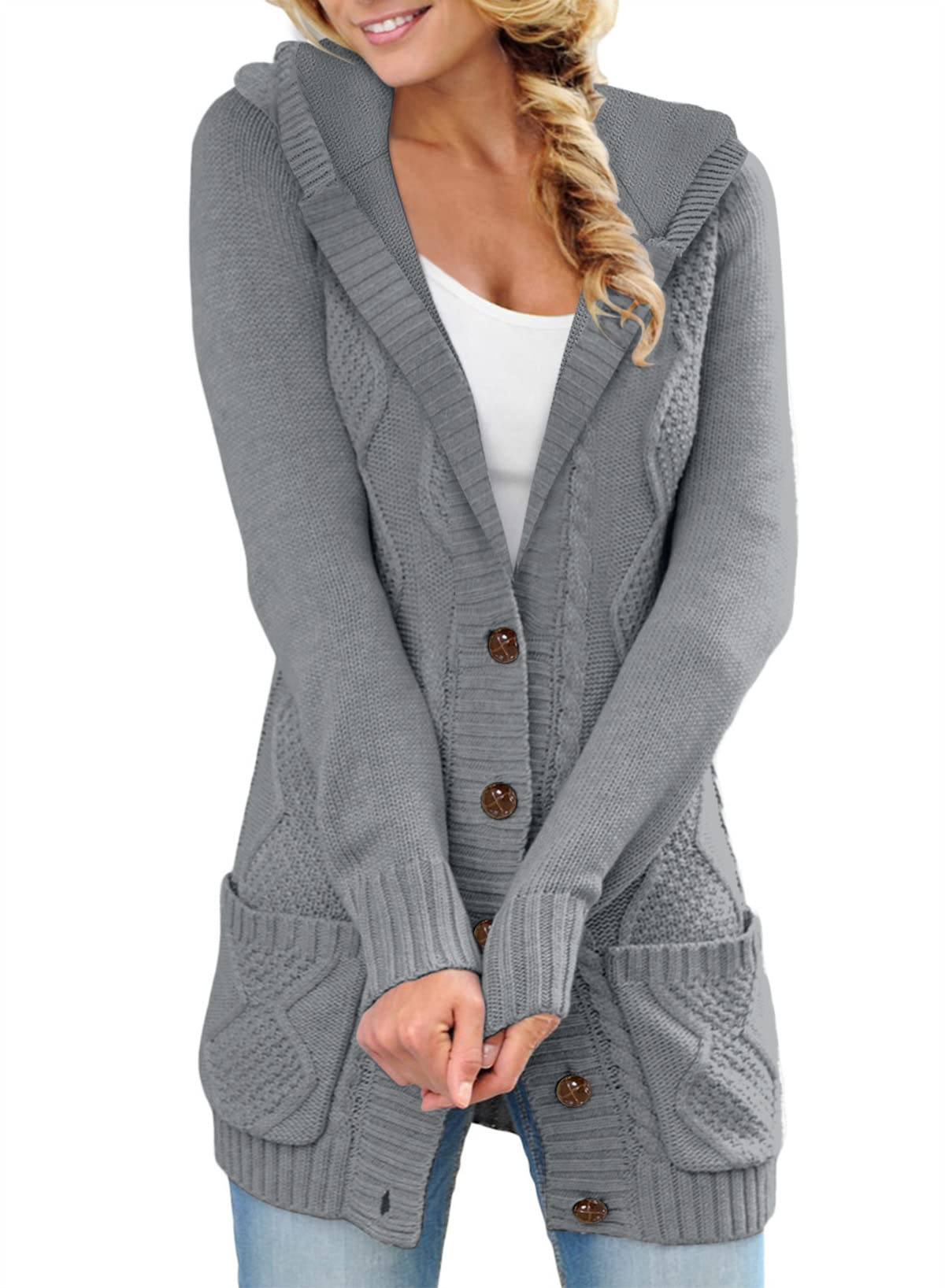 Comprar 2 envío gratisMujeres con capucha Fleece forrado suéter Cardigan botón abajo frente abrigo de invierno