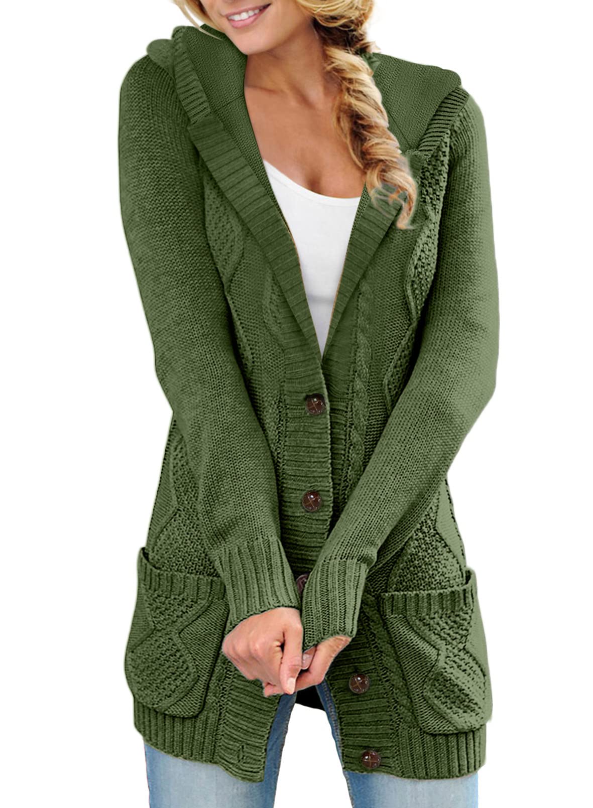 Køb 2 gratis fragtKvinder Hooded Fleece Foret Sweater Cardigan Knap ned front vinterfrakt