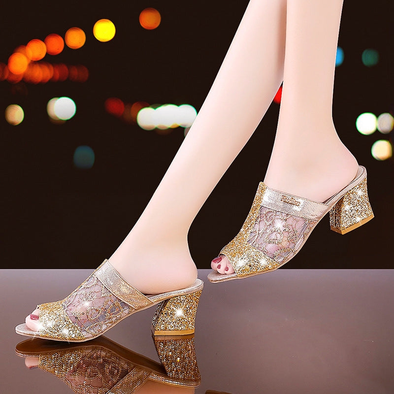 Mesh Thick Heel Sandals Summer Fish Mouth With Sequins Large Size High Heel-2