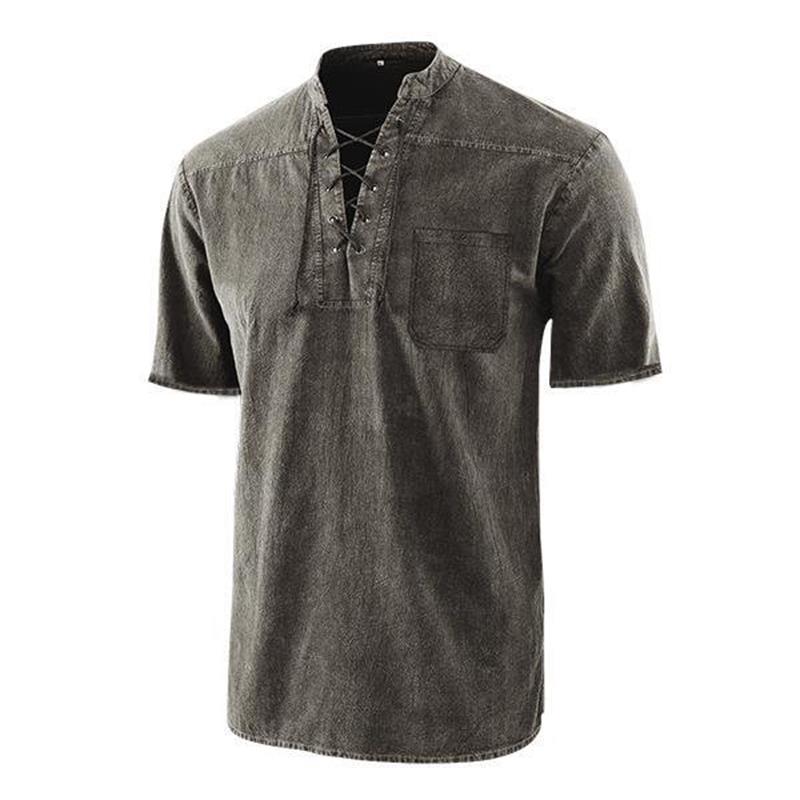 Men Gothic Retro T-Shirt Lace-up V-neck Linen Pocket Short Sleeve Tee Shirt Loose Tops-8