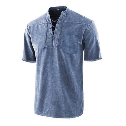 Men Gothic Retro T-Shirt Lace-up V-neck Linen Pocket Short Sleeve Tee Shirt Loose Tops-2