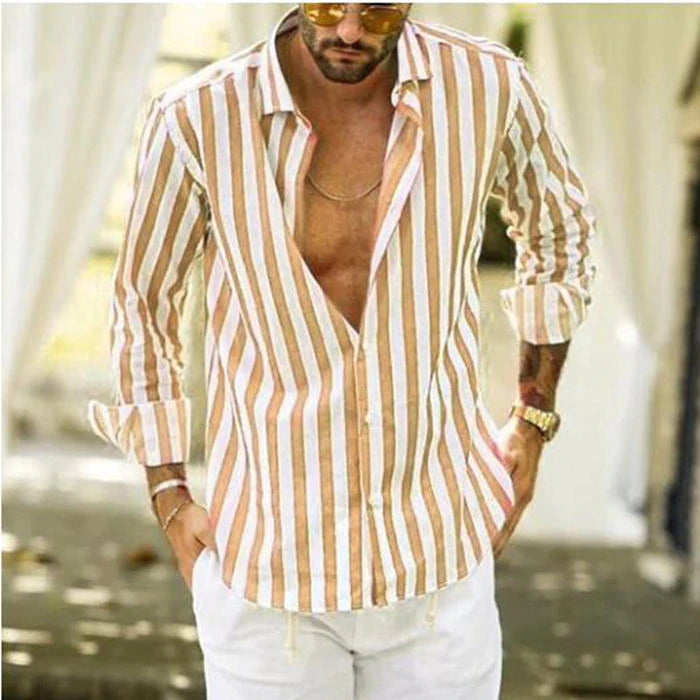 🌟Christmas 50% Off Promotion🌟 Men's Cotton Linen Striped Button Down Long Sleeve