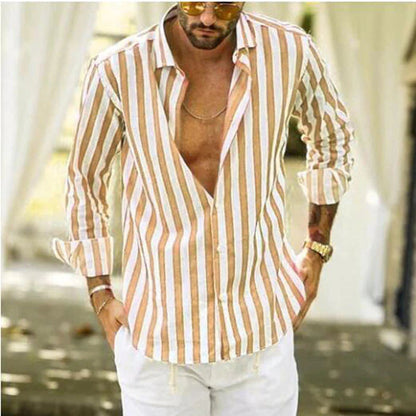 🌟Christmas 50% Off Promotion🌟 Men's Cotton Linen Striped Button Down Long Sleeve