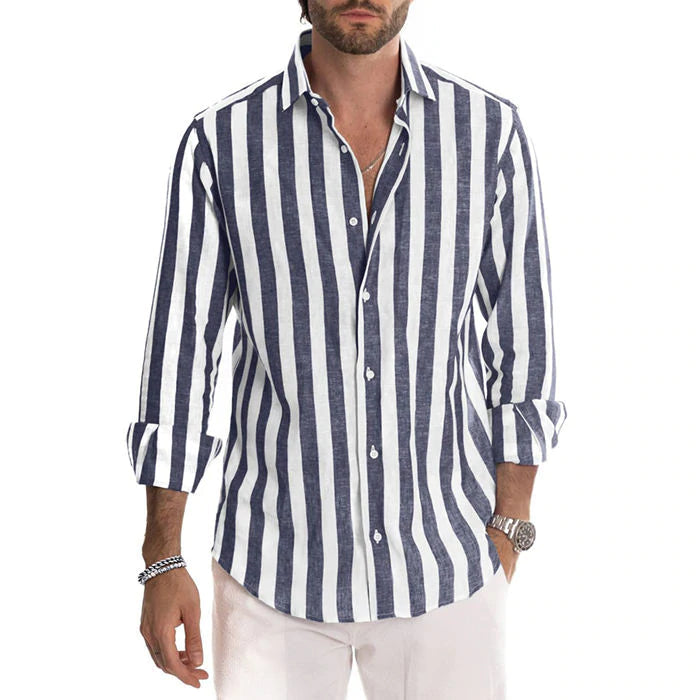 Men's Cotton Linen Striped Button Down Long Sleeve-2