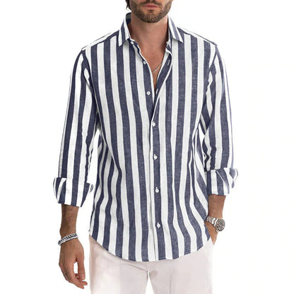 Men's Cotton Linen Striped Button Down Long Sleeve-2