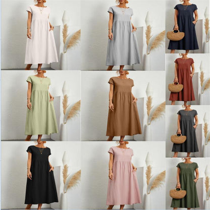 🔥Venda do último dia 49%🔥Spring Fashion Solid Color Cotton Linen Pocket Dress(Compre 2 fretes grátis)