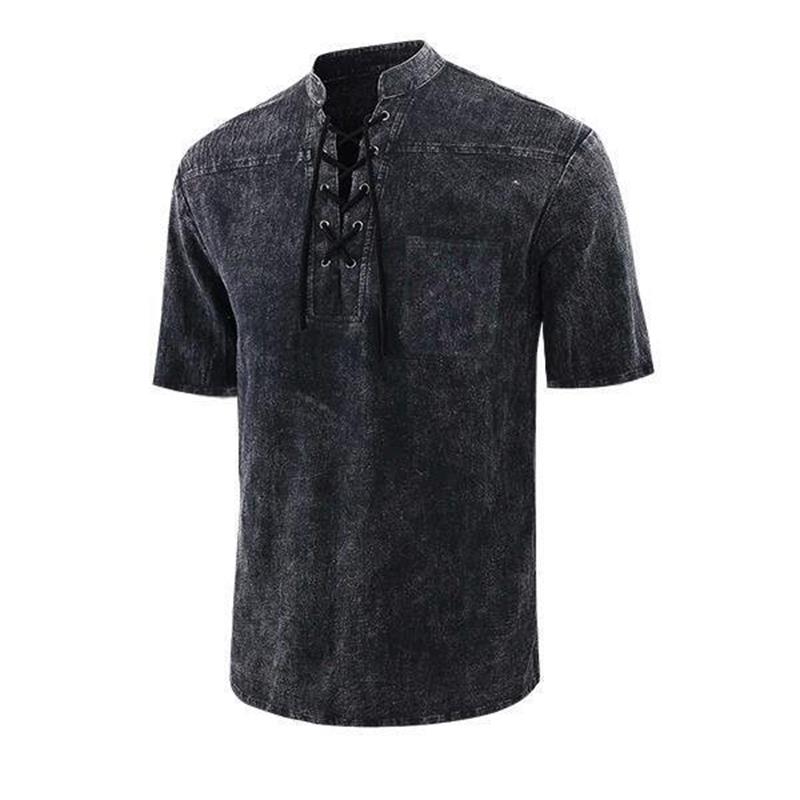 Men Gothic Retro T-Shirt Lace-up V-neck Linen Pocket Short Sleeve Tee Shirt Loose Tops-3