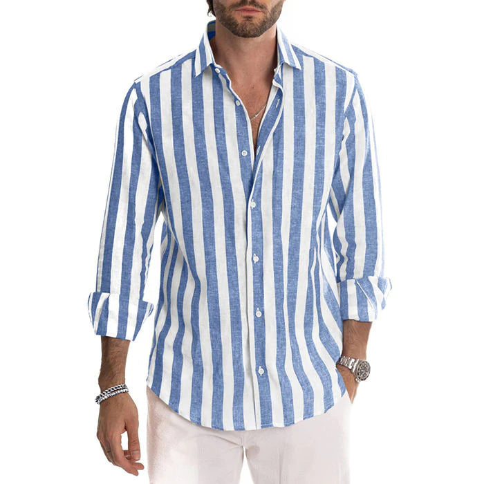 Men's Cotton Linen Striped Button Down Long Sleeve-1