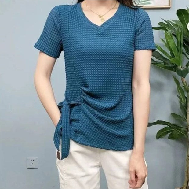 Fashionable V-neck Pleated Short Sleeve-7