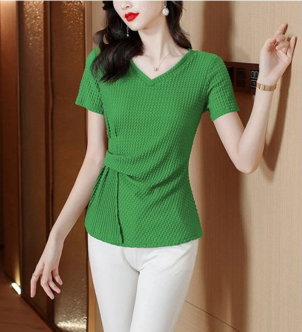 Fashionable V-neck Pleated Short Sleeve-8